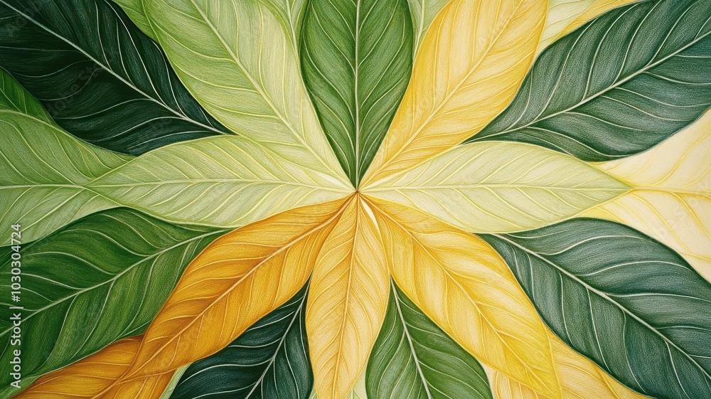 Abstract painting of green and yellow leaves arranged in a circular pattern. Abstract painting of green and yellow leaves arranged in a circular pattern.