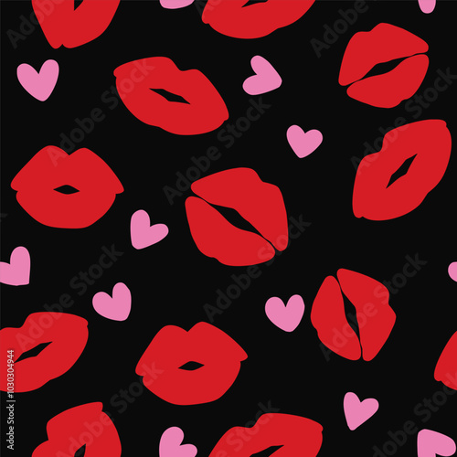 Red lips and pink hearts print on black background. Seamless pattern with kiss. Decorative wallpaper for St Valentines day or wedding design. Vector stock illustration	