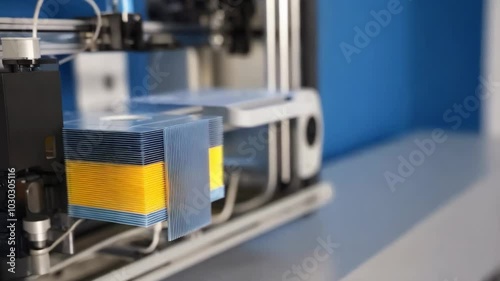 3D Printer Creating Stacked Blue & Yellow Objects
