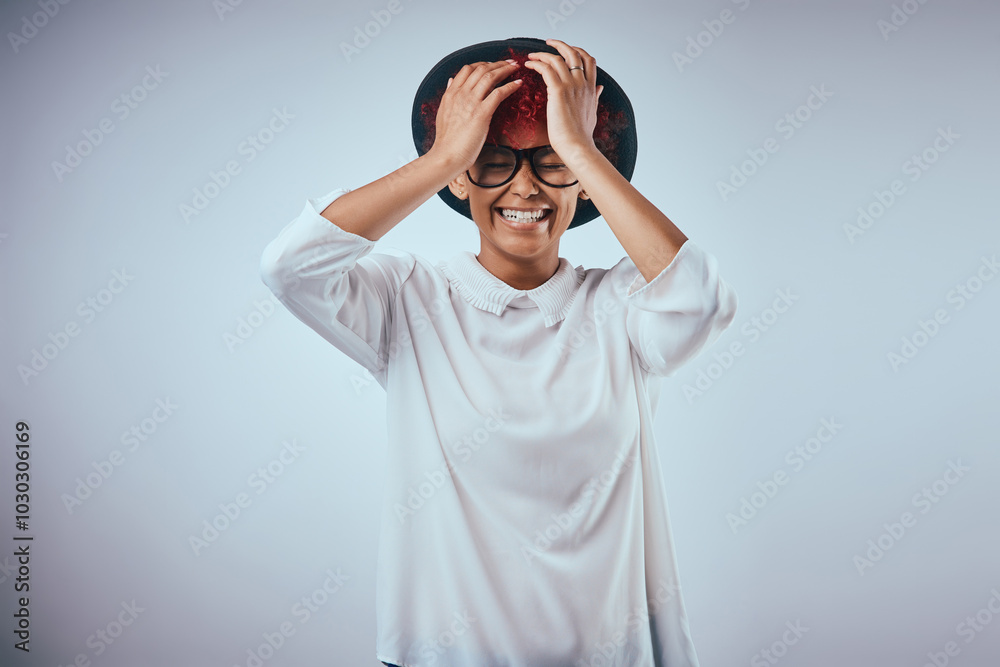 Happy, woman and laughing from funny joke with hipster fashion and glasses in studio. Smile, trendy and silly mistake from epic fail with model eyewear and minimalist style in grey background Happy, woman and laughing from funny joke with hipster fashion and glasses in studio. Smile, trendy and silly mistake from epic fail with model eyewear and minimalist style in grey background