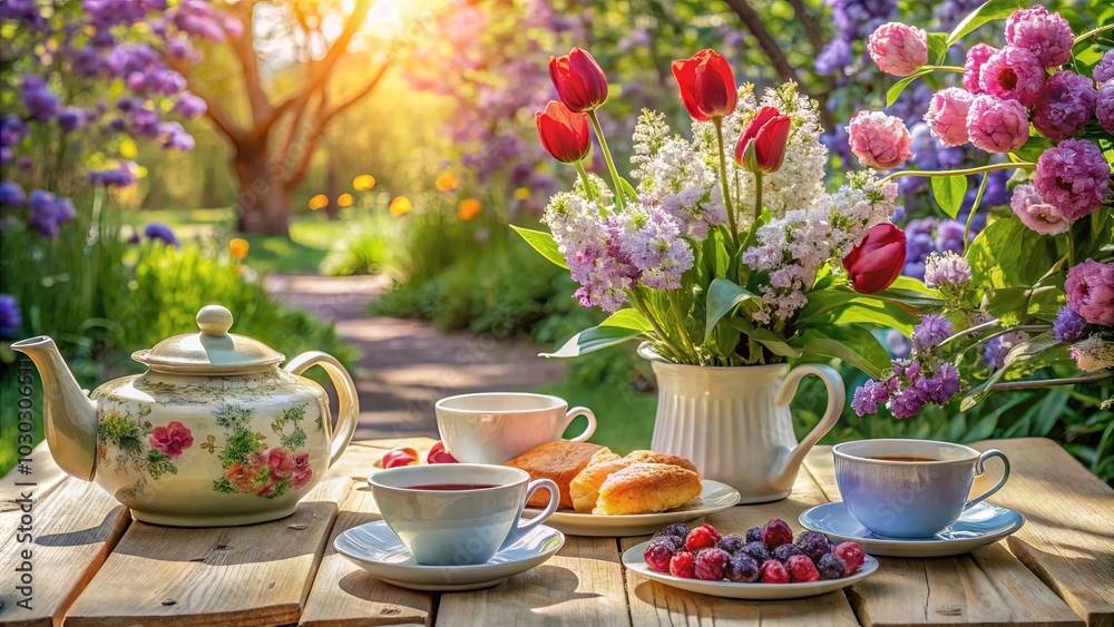 A picturesque garden setting with a teapot, teacups, pastries, and a vibrant floral arrangement, creating an inviting and serene atmosphere for a delightful afternoon tea. A picturesque garden setting with a teapot, teacups, pastries, and a vibrant floral arrangement, creating an inviting and serene atmosphere for a delightful afternoon tea.