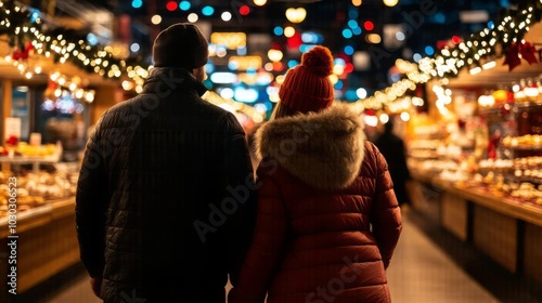 A couple walking through a Christmas market, hand in hand, their eyes filled with wonder at the festive lights and holiday treats photo