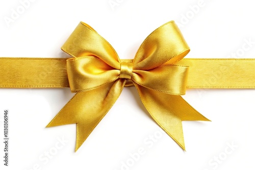 Yellow ribbon and bow with gold isolated against white background, reflected