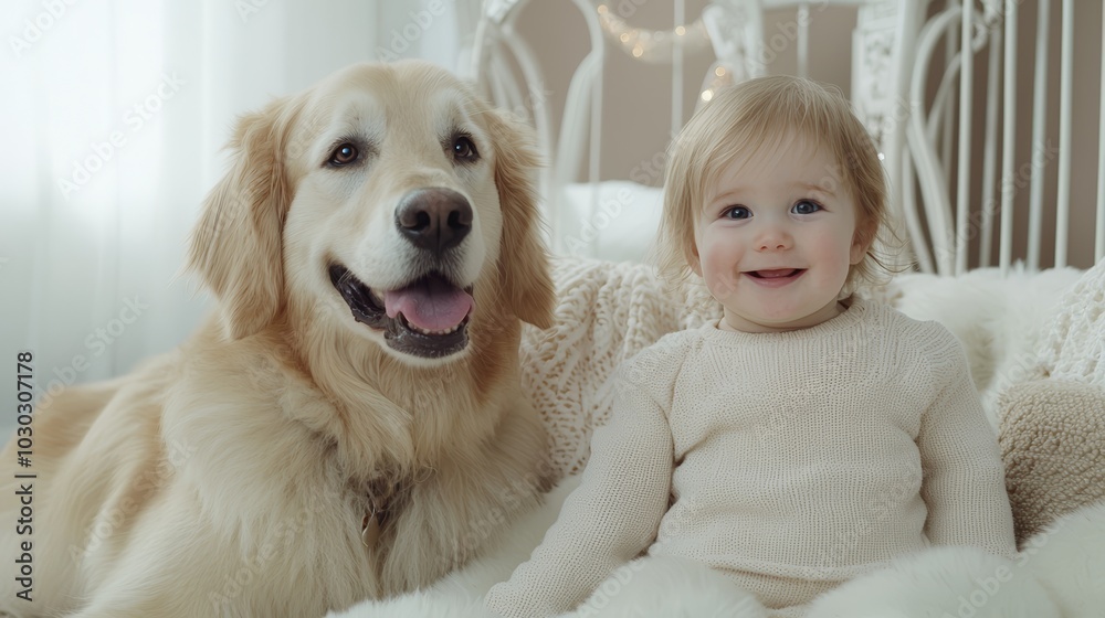 A dog sitting next to a smiling baby on a fur bed, with the soft, warm bedroom decor creating a peaceful and relaxed atmosphere. A dog sitting next to a smiling baby on a fur bed, with the soft, warm bedroom decor creating a peaceful and relaxed atmosphere.