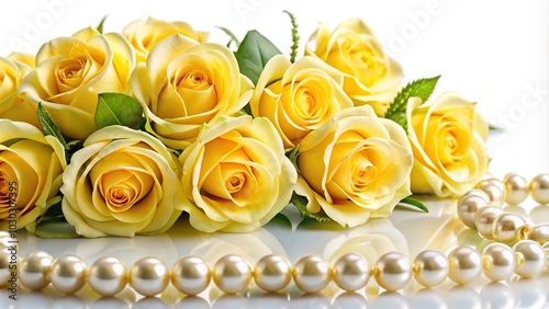 Yellow roses bouquet and pearls on white background, symmetrical