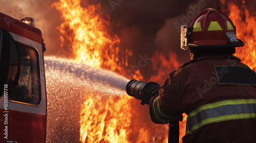 A firefighter skillfully operating a fire trucks water cannon, directing the powerful stream of water onto a burning building, with flames raging in the background. photo