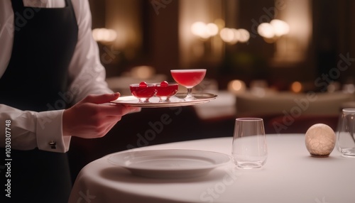 A focused waiter balancing a tray of drinks as they navigate through a bustling restaurant, ensuring each glass is placed neatly on the table with precision.