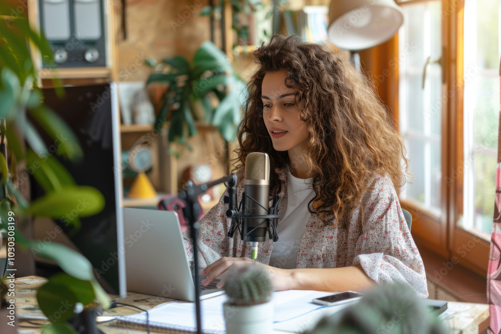Young woman podcasting in cozy home studio with plants and natural light. Freelancer, blogger, online work Young woman podcasting in cozy home studio with plants and natural light. Freelancer, blogger, online work