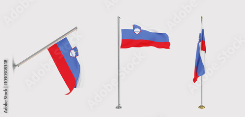 The national flag of Slovenia features three equal horizontal bands of white , blue, and red, with the coat of arms of Slovenia photo