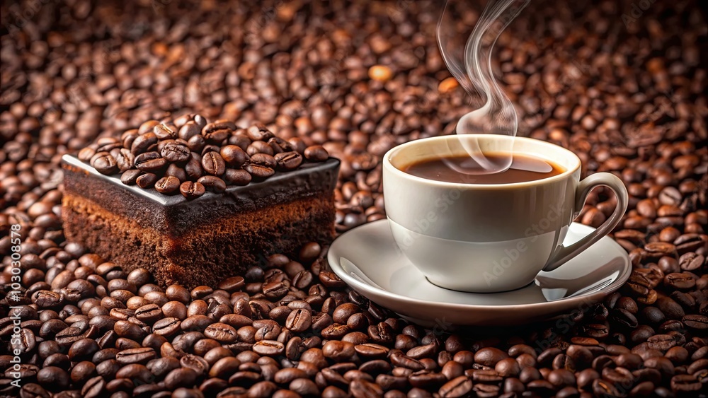 Fototapeta premium A steaming cup of coffee resting on a saucer surrounded by a sea of roasted coffee beans, next to a piece of chocolate cake adorned with coffee beans.