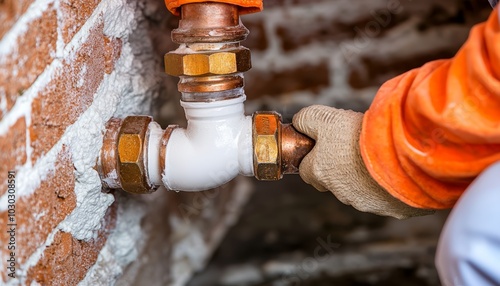 A plumber carefully fitting new pipes in a crawl space, using a pipe wrench and pipe sealant to ensure the connections are durable and leak-free. photo