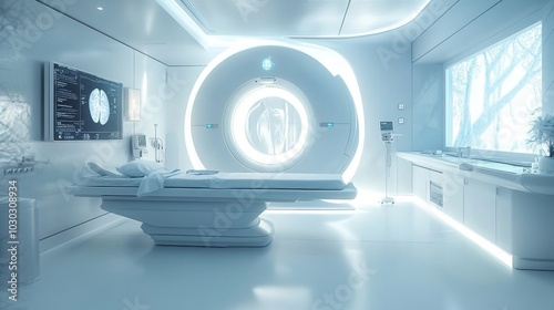 Futuristic high-tech medical laboratory and treatment room.