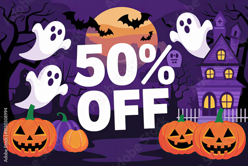 Halloween sale banner template, Perfect for promoting a sale with discounts up to 50% off. It is ideal for Halloween promotions, online stores, or social media marketing during the Halloween season