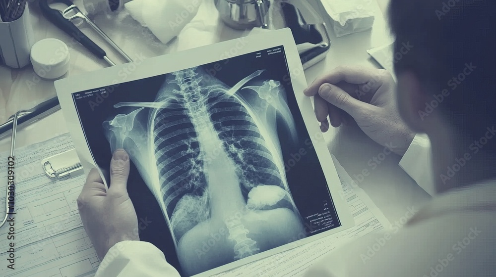 Doctor carefully examines X-ray film of patient's lungs, identifying COVID-19 complications, with medical instruments and charts in the background.