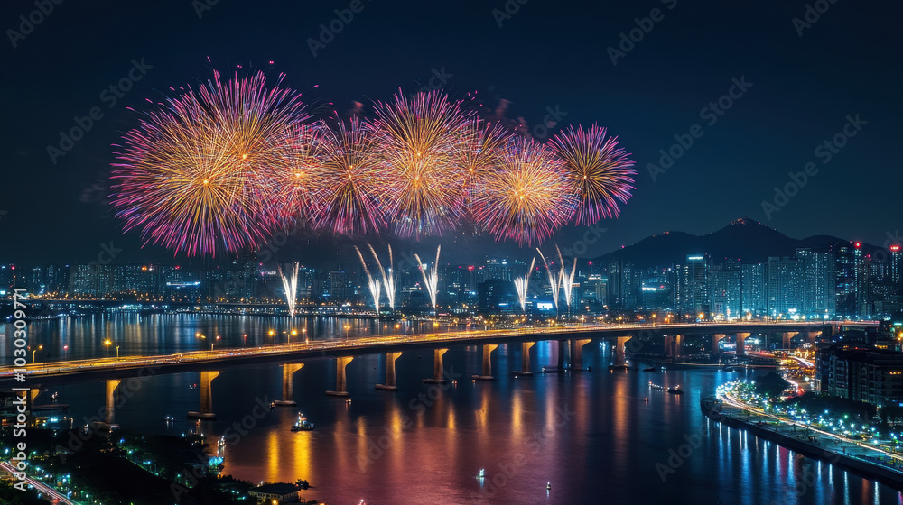 Fototapeta premium Fireworks light up the night skyline of a vibrant city, celebrating in style