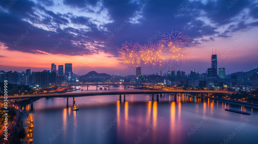 Fireworks light up the night skyline of a vibrant city, celebrating in style Fireworks light up the night skyline of a vibrant city, celebrating in style