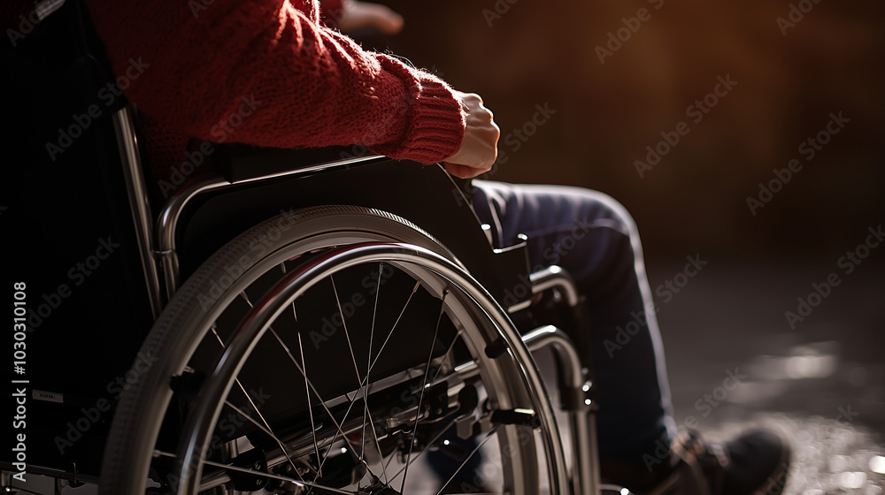 Obraz premium Extreme close-up of a mother's hand pushing a wheelchair with a disabled boy, shot from behind in a cinematic chiaroscuro style. Dramatic lighting highlights the hand and wheelchair handle, capturing