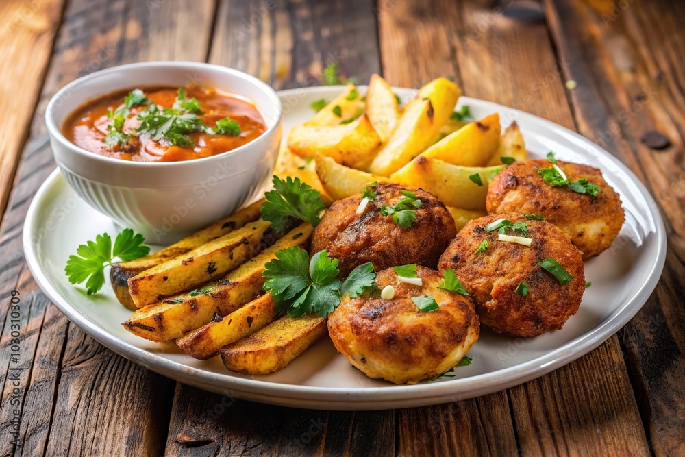 Yummy aloo tikki potato kebab on white plate with coriander on wooden background Yummy aloo tikki potato kebab on white plate with coriander on wooden background
