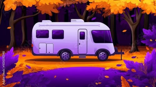 An autumn scene with an RV caravan parked along a wooded path, the surrounding trees glowing in shades of yellow and orange, with leaves gently falling around it.