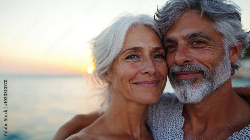 A joyful couple embraces at sunset by the water. A joyful couple embraces at sunset by the water.