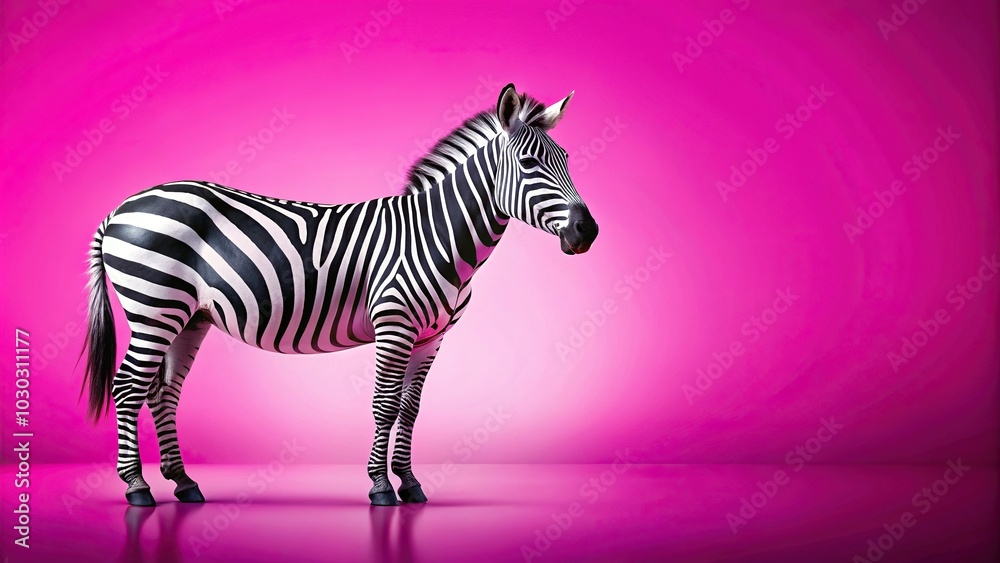 Zebra with pink and white stripes reflected on pink background Zebra with pink and white stripes reflected on pink background