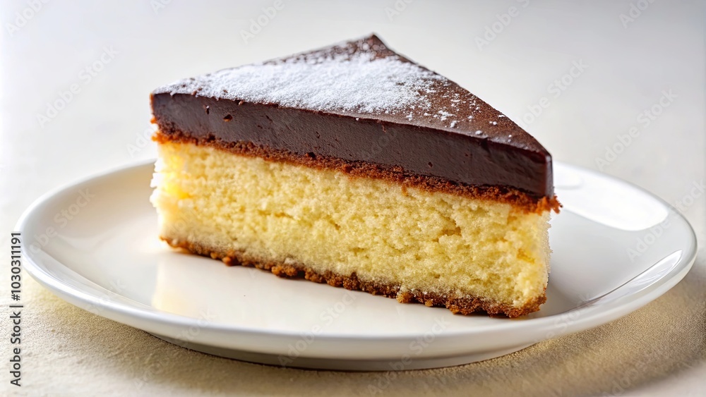 A Slice of Vanilla Cake Topped with Chocolate Frosting and a Light Sprinkle of Powdered Sugar A Slice of Vanilla Cake Topped with Chocolate Frosting and a Light Sprinkle of Powdered Sugar