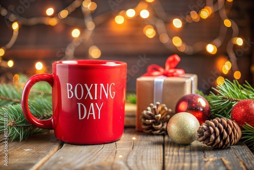 Festive boxing day mug with holiday decor including gift pine cones and christmas lights