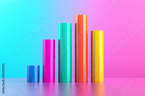 Economic report, bar charts with rising data trends, statistical insights, 3D illustration