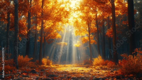 Serene autumn forest with sunlight filtering through vibrant foliage.