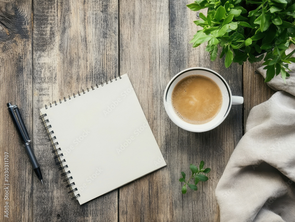 A cozy workspace with a notepad, pen, plant, and coffee cup on a rustic wooden table A cozy workspace with a notepad, pen, plant, and coffee cup on a rustic wooden table