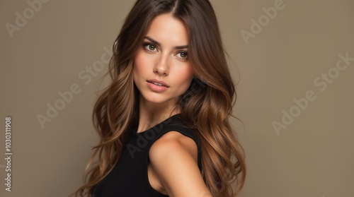 Portrait of a stylish woman with long, flowing brown hair and elegant black dress. She exudes confidence and beauty, presenting an alluring and sophisticated look. Perfect for fashion or beauty themes