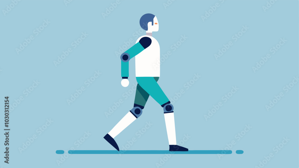 Obraz premium Walking with Support A person in a robotic exoskeleton taking steady steps on a smooth surface with the exoskeleton visibly supporting their legs and enhancing their gait.