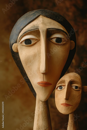 sculpture made of wood, cubist faces, woman and child, large eyes and long noses, warm brown unsharp background, photorealistic