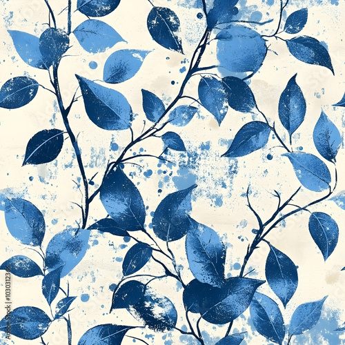 vintage seamless pattern with blue leaves