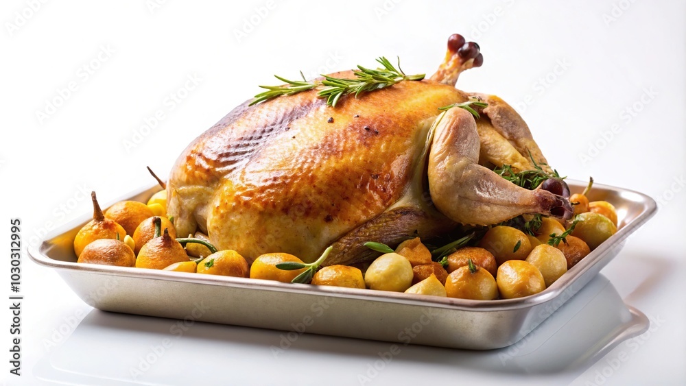 Minimalist goose dish with potatoes and onions on white background