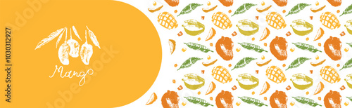 Template mango banner design with vector tropical fruits pattern. Tropical fruit drawings. Color sketches of organic mangoes. Exotic fruit ornament. Mangos label background.