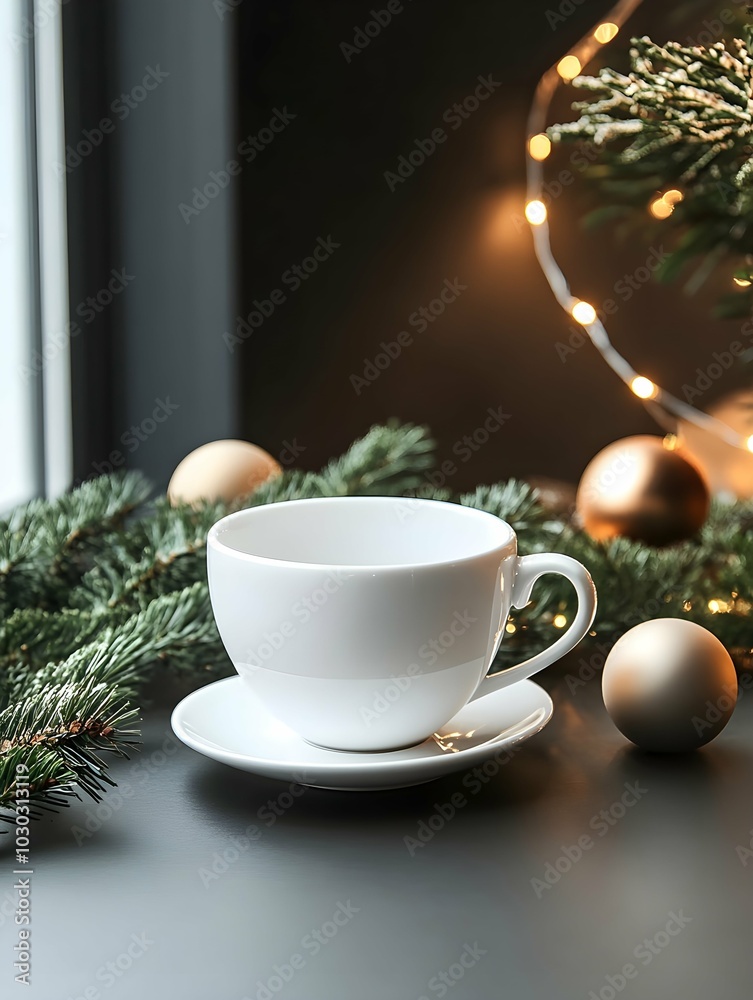 White ceramic coffee cup and christmas decoration on woon table background. mockup for creative advertising text message or promotional content. White ceramic coffee cup and christmas decoration on woon table background. mockup for creative advertising text message or promotional content.