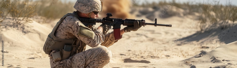 Fototapeta premium A soldier in desert camouflage kneels in the sand, rifle aimed, intense focus on the target ahead, combat focus, emphasizing military preparedness