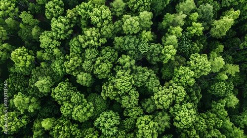 Aerial view of a lush green forest in spring.