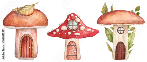 Cute cozy mushroom houses illustration. Watercolor hand painted three mushrooms with wooden doors and round windows. Cartoon drawing for children design
