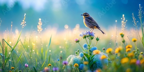 A small songbird perches on a cluster of dew-kissed wildflowers, surrounded by a vibrant tapestry of blooming flora and glistening blades of grass, bathed in the soft glow of dawn.