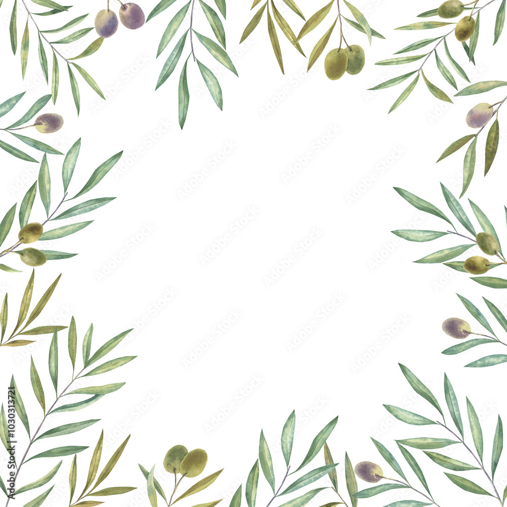 Watercolor frame with olive branches and fruits. Watercolor frame with olive branches and fruits.