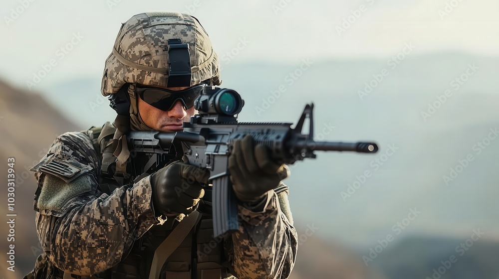 Fototapeta premium A soldier in full desert camouflage, rifle ready, scanning the horizon with a focused expression, military readiness, preparedness in extreme environments