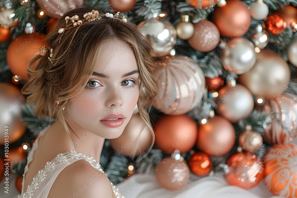 Holiday Glamour Portrait: Festive Elegance with Christmas Ornaments Holiday Glamour Portrait: Festive Elegance with Christmas Ornaments