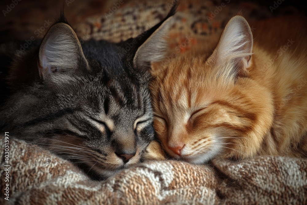 Two tabby kittens sleeping peacefully together on a patterned blanket evoking tranquility warmth and the comfort of companionship in a cozy softly lit indoor setting Two tabby kittens sleeping peacefully together on a patterned blanket evoking tranquility warmth and the comfort of companionship in a cozy softly lit indoor setting