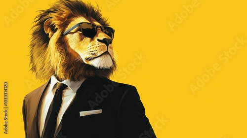 A fashionable lion dressed in a sleek black suit with sunglasses, set against a bright yellow background.with copyspace. Perfect for themes of strength, leadership, and style. photo