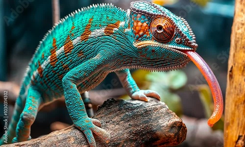 A Vibrant Blue Chameleon with Extended Tongue on a Branch photo