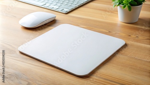 White mouse pad mockup with a tilted angle on a table with various props