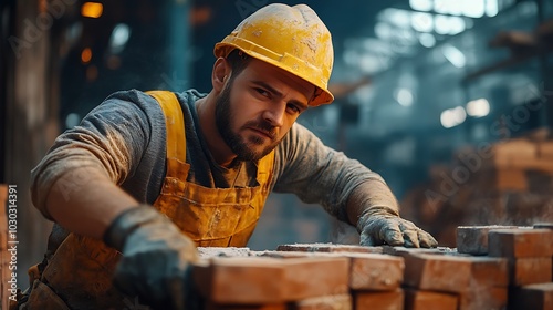 A construction worker in a yellow hardhat and overalls works with bricks.