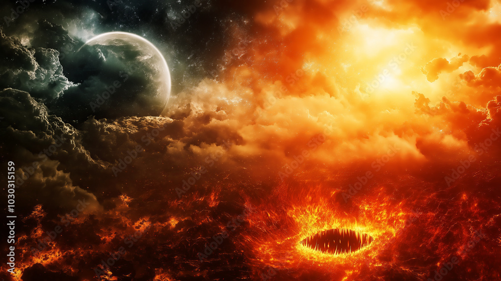 Fiery abyss with glowing rim beneath a celestial moon. Fiery abyss with glowing rim beneath a celestial moon.